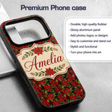 Rich Red Poinsettia on Dark Green Printed Design Custom Name Protective Phone Case Mobile Cover Durable Everyday Smartphone Shock Resistant