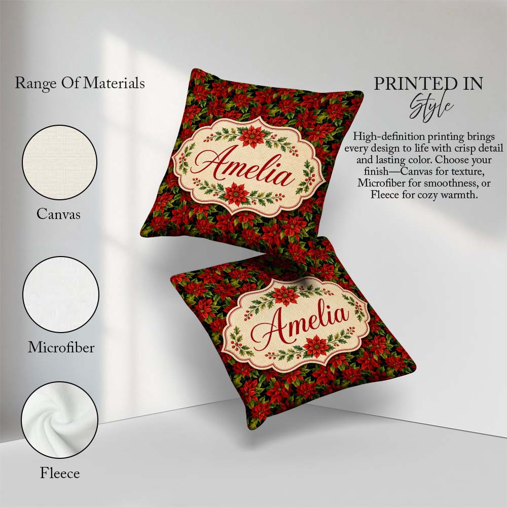 Custom Name Rich Red Poinsettia on Dark Festive Seamless Pattern Square Filled Cushion Throw Pillow Sofa Bed Home Decor Zip Washable UK Made