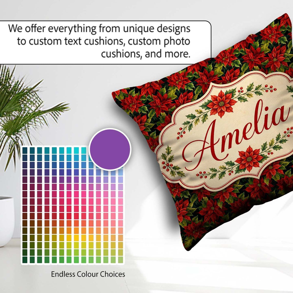 Custom Name Rich Red Poinsettia on Dark Festive Seamless Pattern Square Filled Cushion Throw Pillow Sofa Bed Home Decor Zip Washable UK Made