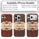 Rich Red Poinsettia on Dark Green Printed Design Custom Name Protective Phone Case Mobile Cover Durable Everyday Smartphone Shock Resistant
