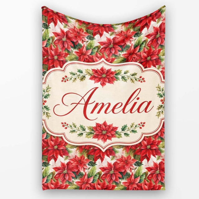 Vintage Style Poinsettia Floral Cream Holiday Seamless Pattern  Personalised Custom Name Super Soft Fleece Blanket Bed Sofa Throw
