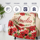 Vintage Style Poinsettia Floral Cream Holiday Seamless Pattern  Personalised Custom Name Super Soft Fleece Blanket Bed Sofa Throw