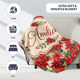 Vintage Style Poinsettia Floral Cream Holiday Seamless Pattern  Personalised Custom Name Super Soft Fleece Blanket Bed Sofa Throw