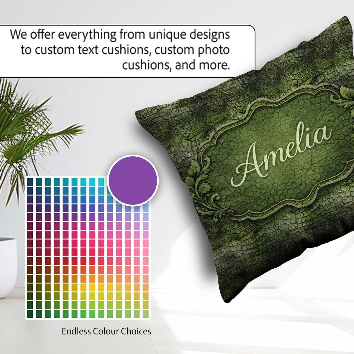Custom Name Green Crocodile Skin Texture Pattern Thoughtful Idea Square Filled Cushion Throw Pillow Sofa Bed Home Decor Zip Washable UK Made