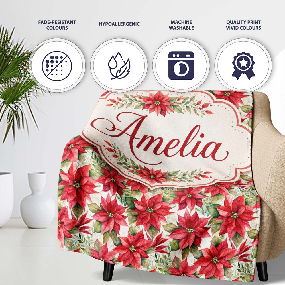Elegant Poinsettia and Foliage Christmas Seamless Pattern Lovely  Personalised Custom Name Super Soft Fleece Blanket Bed Sofa Throw