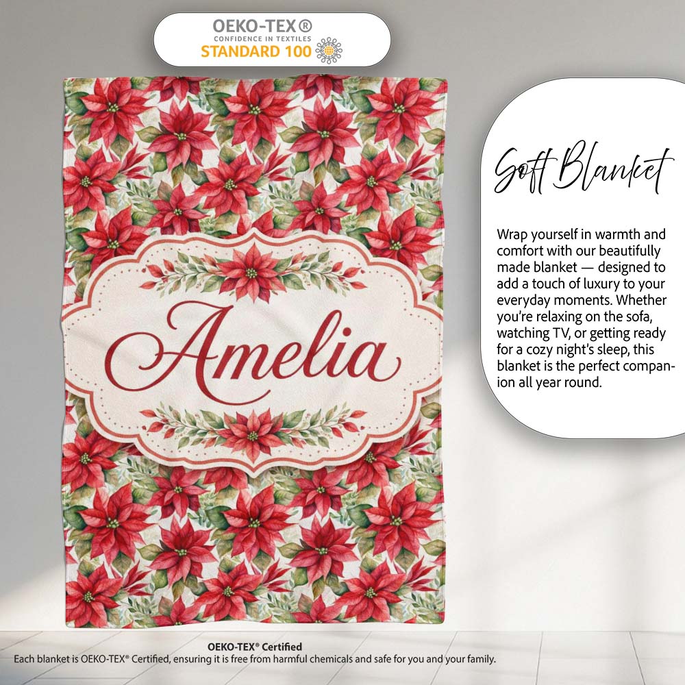 Elegant Poinsettia and Foliage Christmas Seamless Pattern Lovely  Personalised Custom Name Super Soft Fleece Blanket Bed Sofa Throw