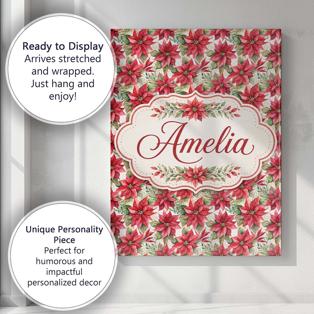 Personalised Name Elegant Poinsettia and Custom  Interior Decorative Contemporary Canvas Wall Art Print Decor Picture Ready to Hang