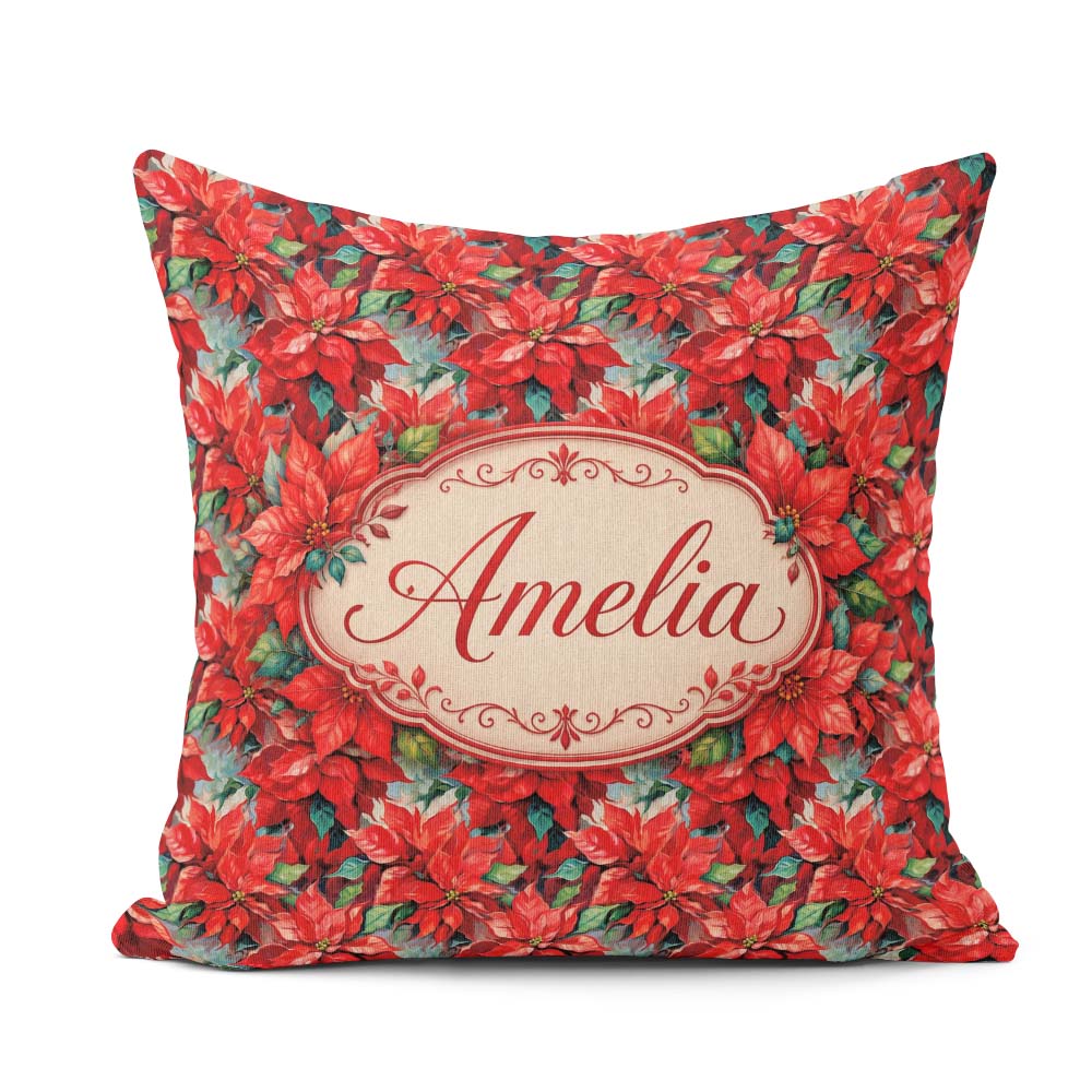 Custom Name Painterly Red Poinsettia Artistic Seamless Pattern Square Filled Cushion Throw Pillow Sofa Bed Home Decor Zip Washable UK Made