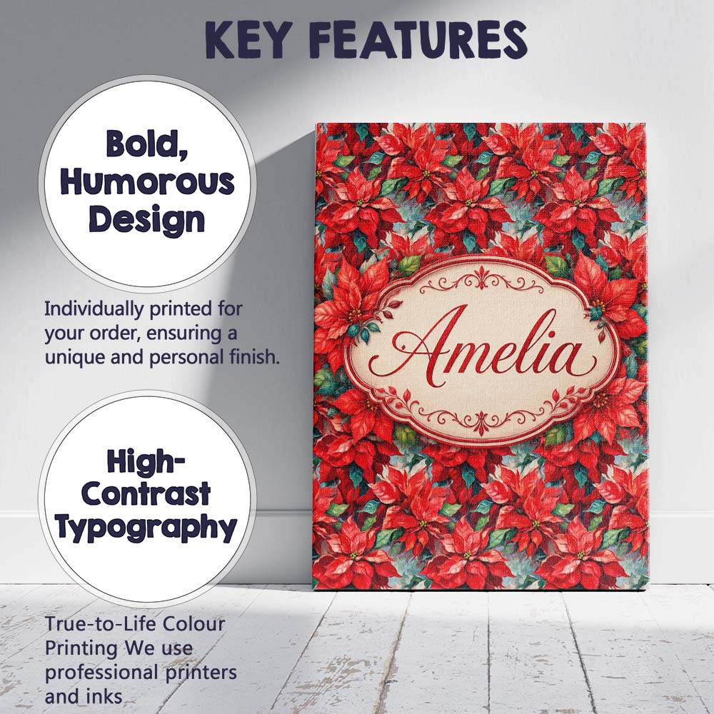 Personalised Name Painterly Red Poinsettia Custom  Unique Gift Idea Elegant Feature Canvas Wall Art Print Decor Picture Ready to Hang