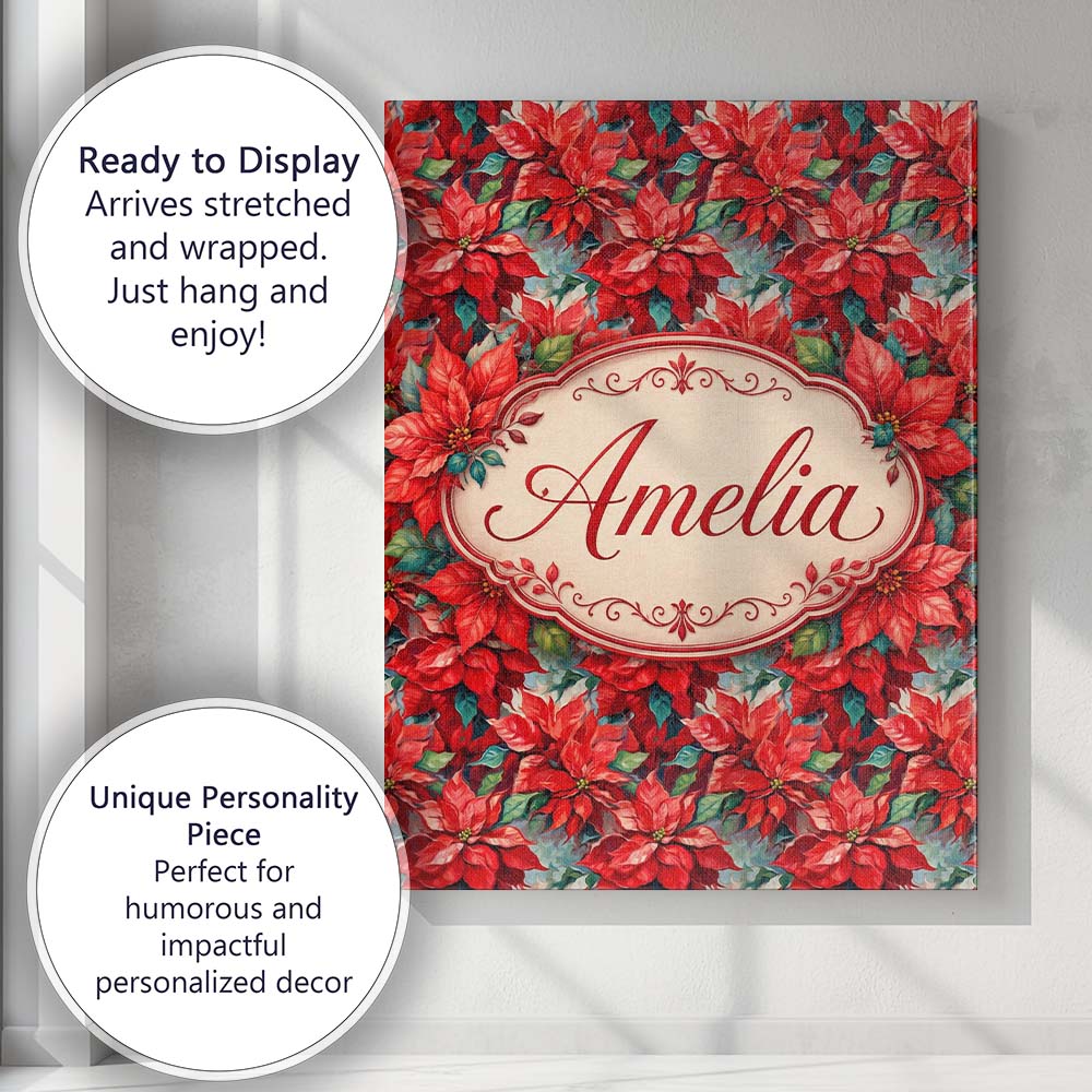 Personalised Name Painterly Red Poinsettia Custom  Unique Gift Idea Elegant Feature Canvas Wall Art Print Decor Picture Ready to Hang