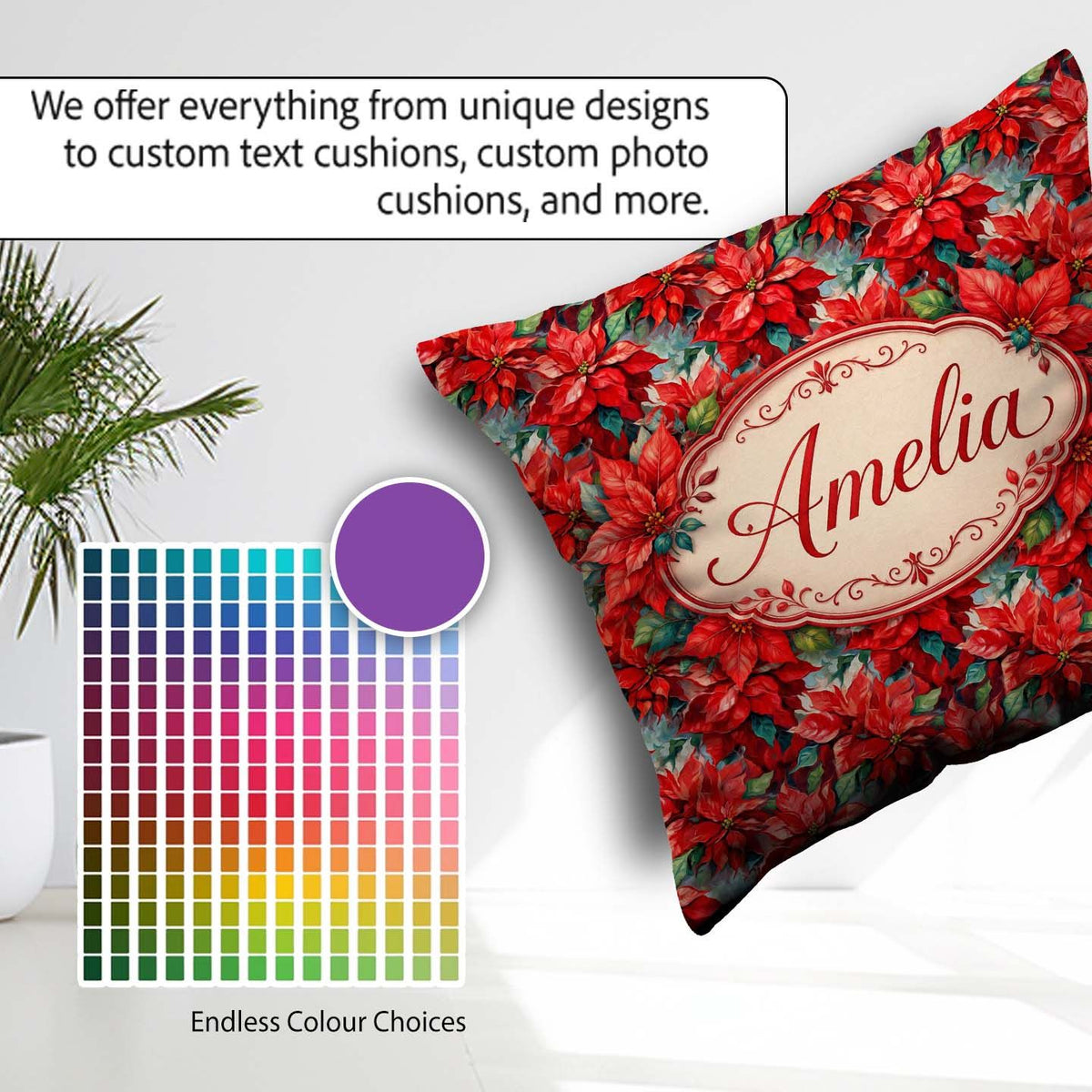Custom Name Painterly Red Poinsettia Artistic Seamless Pattern Square Filled Cushion Throw Pillow Sofa Bed Home Decor Zip Washable UK Made
