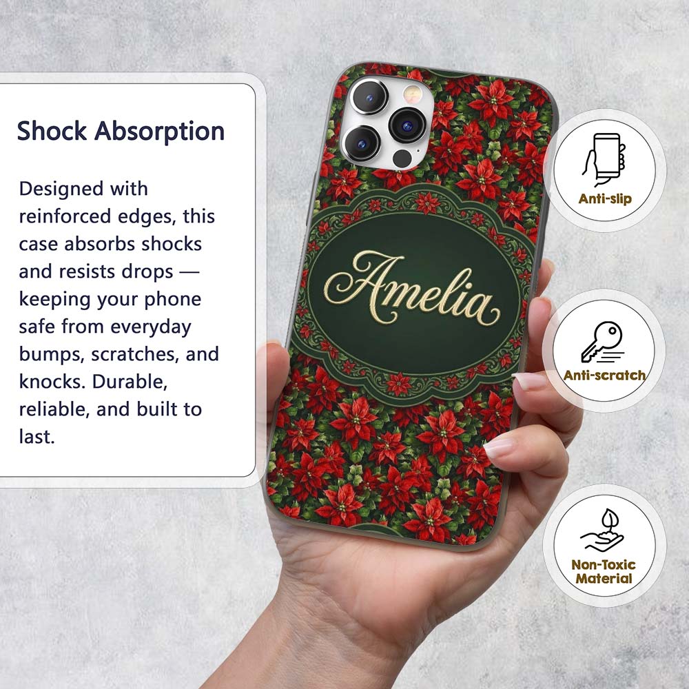 Bold Festive Poinsettia with Deep Green Leaves Custom Name Protective Phone Case Mobile Cover Durable Everyday Smartphone Shock Resistant