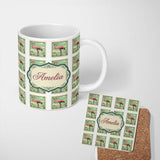 Personalized Custom Name Vintage Flamingo Postage Stamp Style Seamless Pattern Lovely 11oz Ceramic Coffee Tea Mug White Large Handle