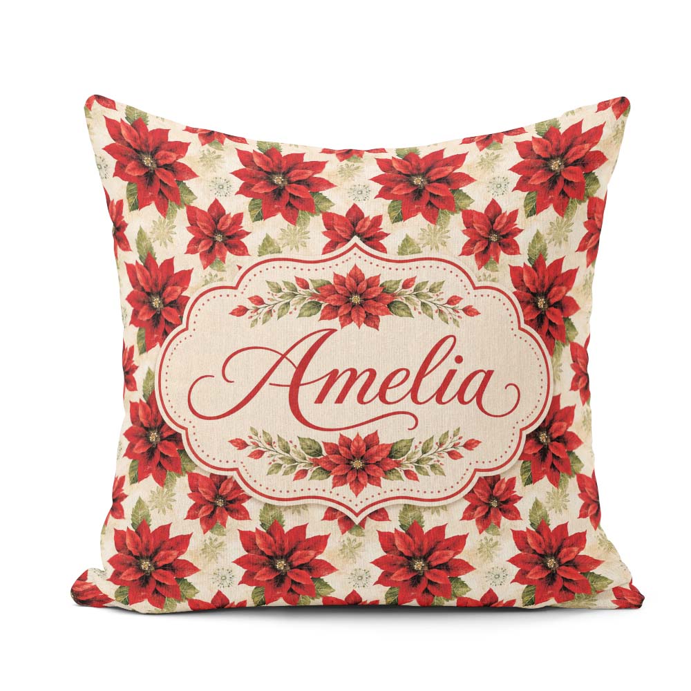 Custom Name Traditional Poinsettia with Accents Seamless Pattern Square Filled Cushion Throw Pillow Sofa Bed Home Decor Zip Washable UK Made