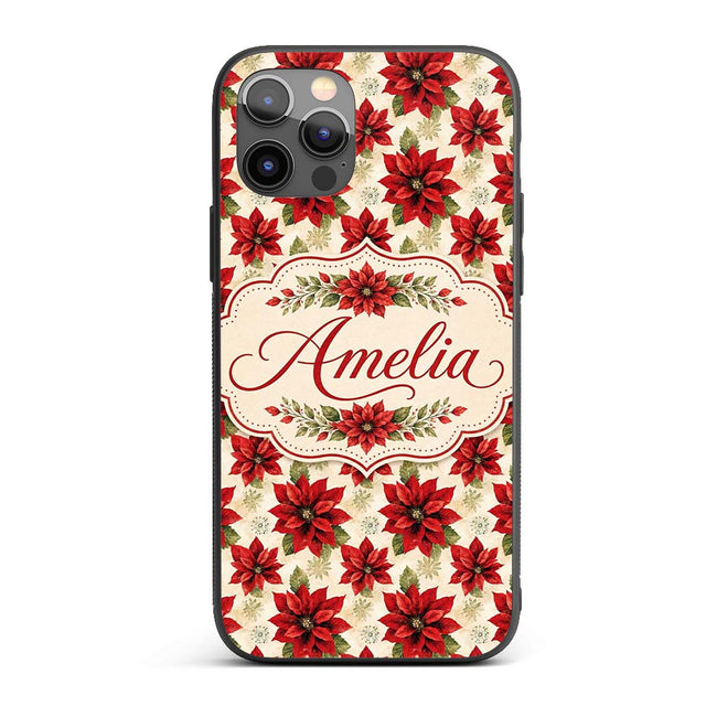 Traditional Poinsettia with Snowflake Accents Custom Name Protective Phone Case Mobile Cover Durable Everyday Smartphone Shock Resistant