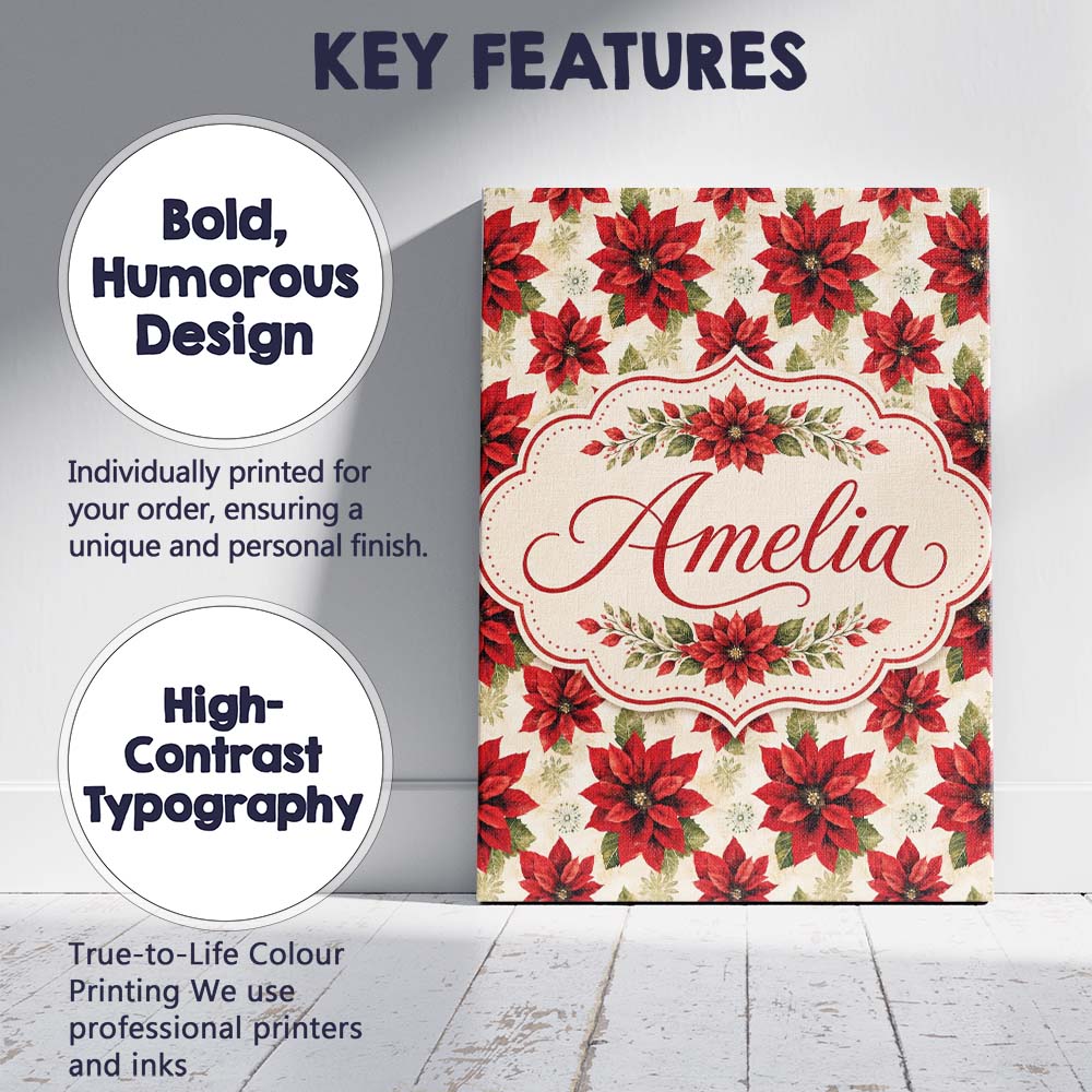 Personalised Name Traditional Poinsettia Custom  Unique Gift Idea Elegant Feature Canvas Wall Art Print Decor Picture Ready to Hang