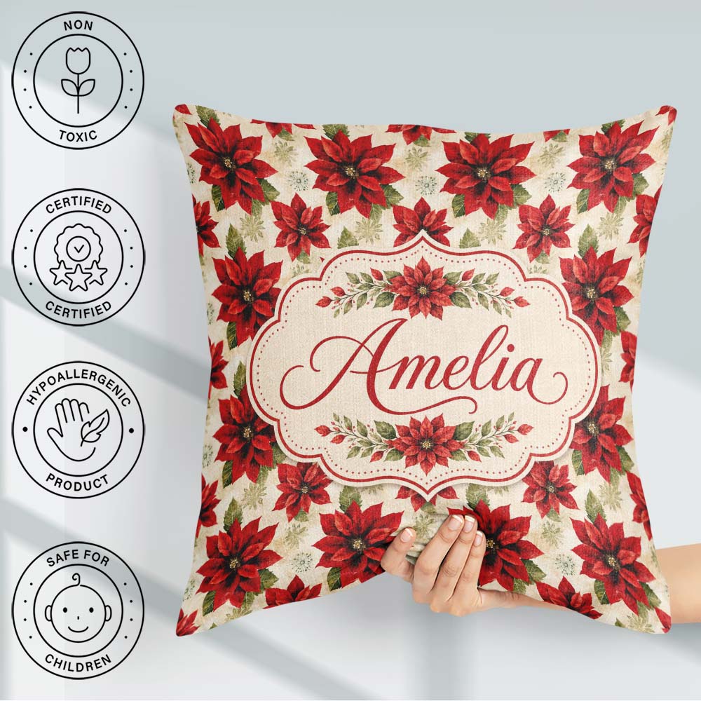 Custom Name Traditional Poinsettia with Accents Seamless Pattern Square Filled Cushion Throw Pillow Sofa Bed Home Decor Zip Washable UK Made