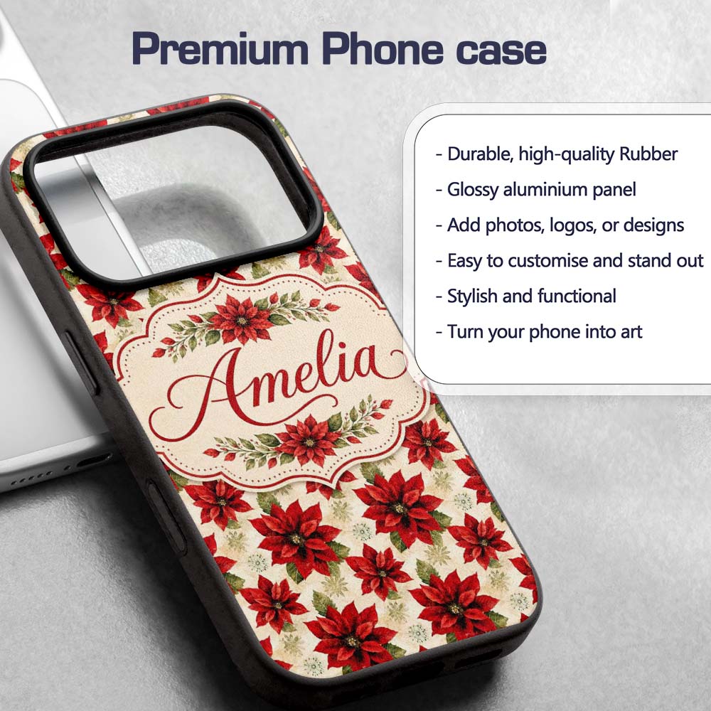 Traditional Poinsettia with Snowflake Accents Custom Name Protective Phone Case Mobile Cover Durable Everyday Smartphone Shock Resistant