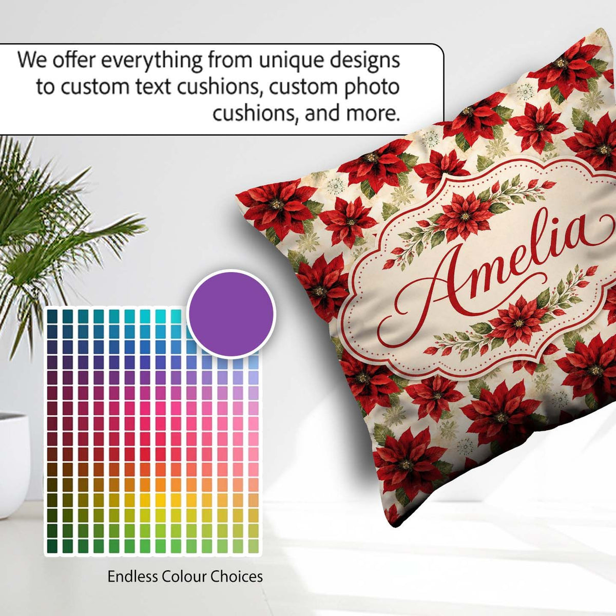 Custom Name Traditional Poinsettia with Accents Seamless Pattern Square Filled Cushion Throw Pillow Sofa Bed Home Decor Zip Washable UK Made