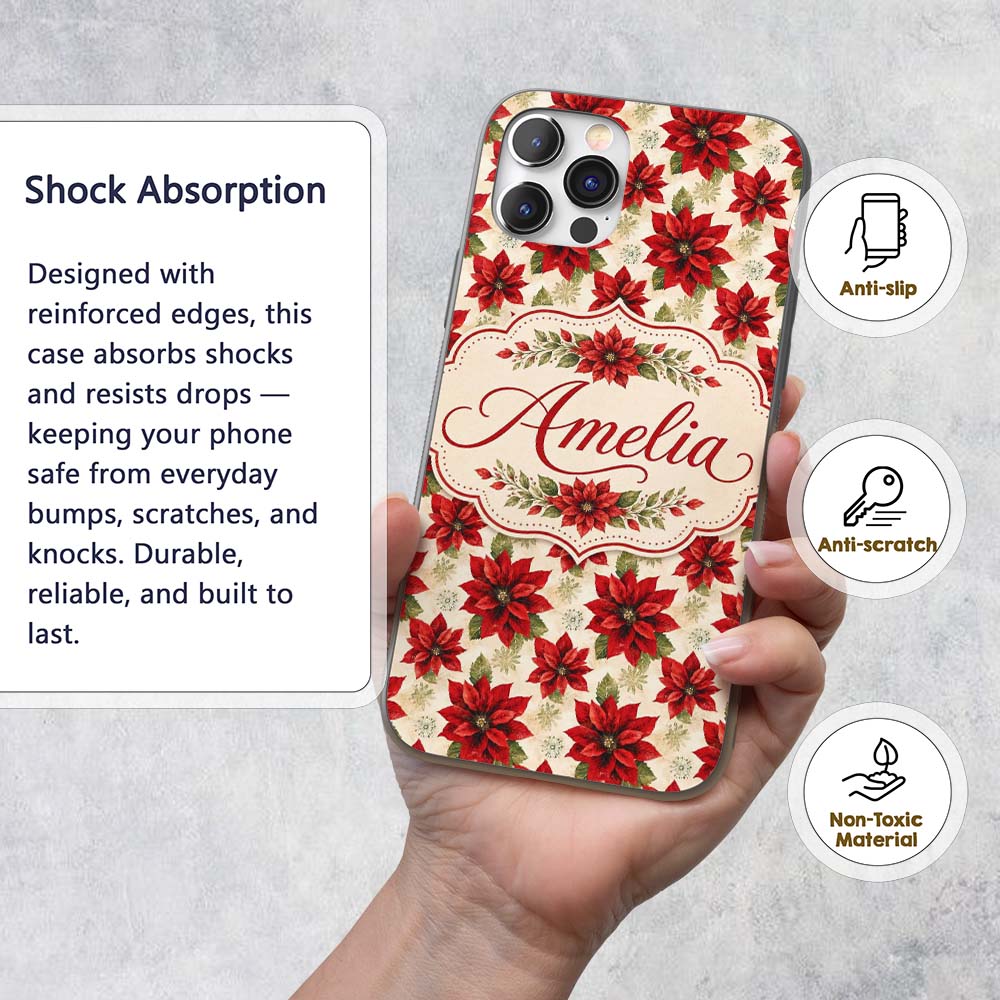 Traditional Poinsettia with Snowflake Accents Custom Name Protective Phone Case Mobile Cover Durable Everyday Smartphone Shock Resistant