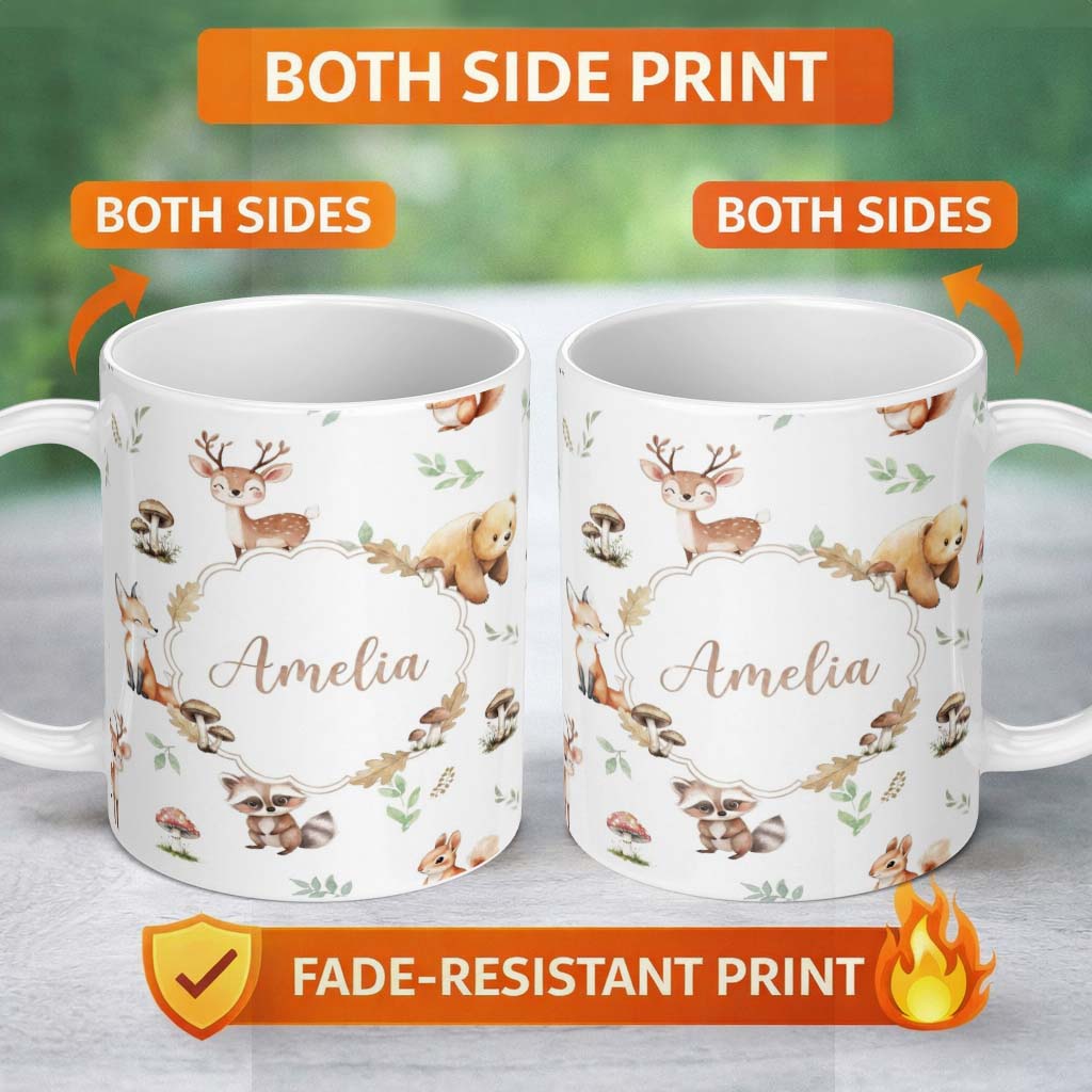 Personalized Custom Name Forest Animals Deer Bear Fox Owl Raccoon on Light Grey Seamless 11oz Ceramic Coffee Tea Mug White Large Handle