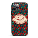 Teal Background Red Floral Botanical Seamless Custom Name Protective Phone Case Mobile Cover Durable Everyday Smartphone Shock Resistant