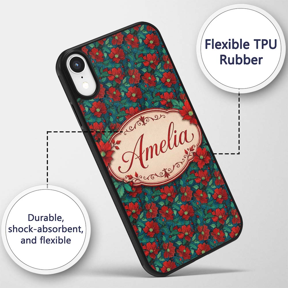 Teal Background Red Floral Botanical Seamless Custom Name Protective Phone Case Mobile Cover Durable Everyday Smartphone Shock Resistant