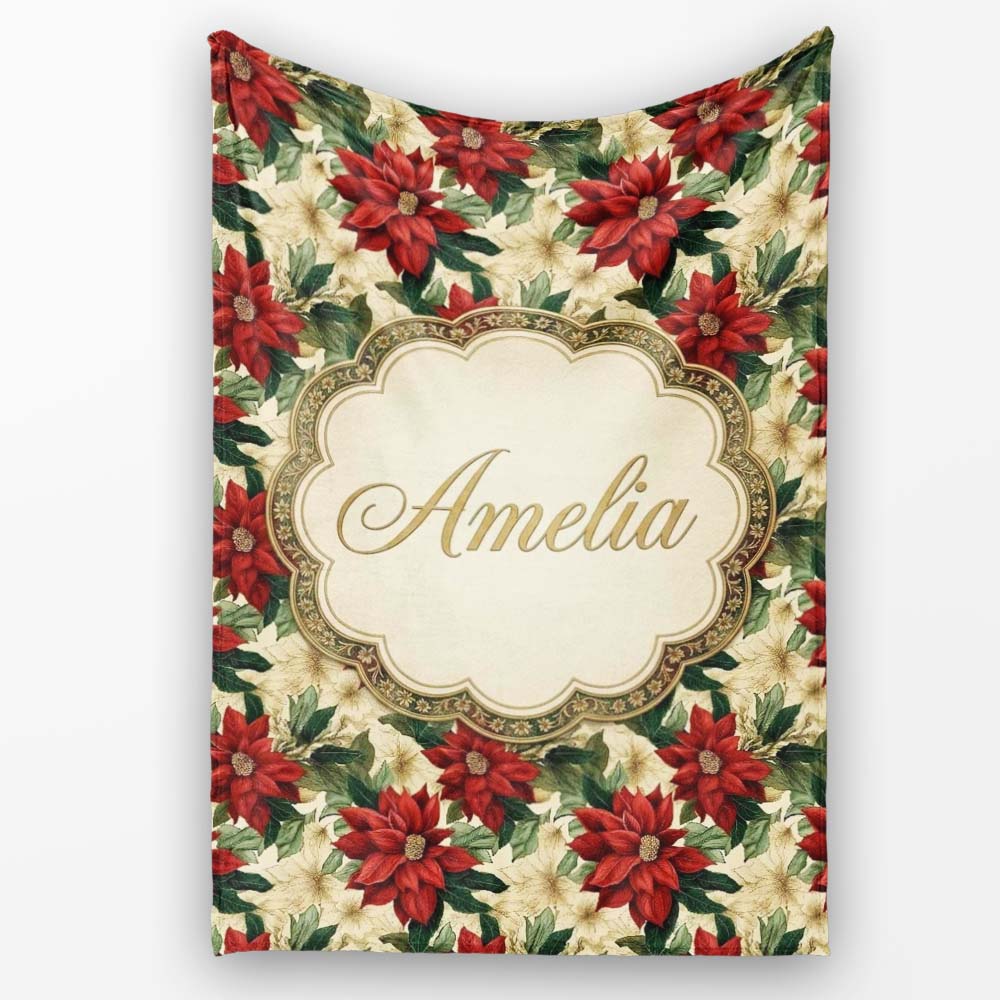 Cream Floral Poinsettia Botanical Vintage Seamless Pattern Lovely  Personalised Custom Name Super Soft Fleece Blanket Bed Sofa Throw