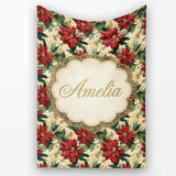 Cream Floral Poinsettia Botanical Vintage Seamless Pattern Lovely  Personalised Custom Name Super Soft Fleece Blanket Bed Sofa Throw