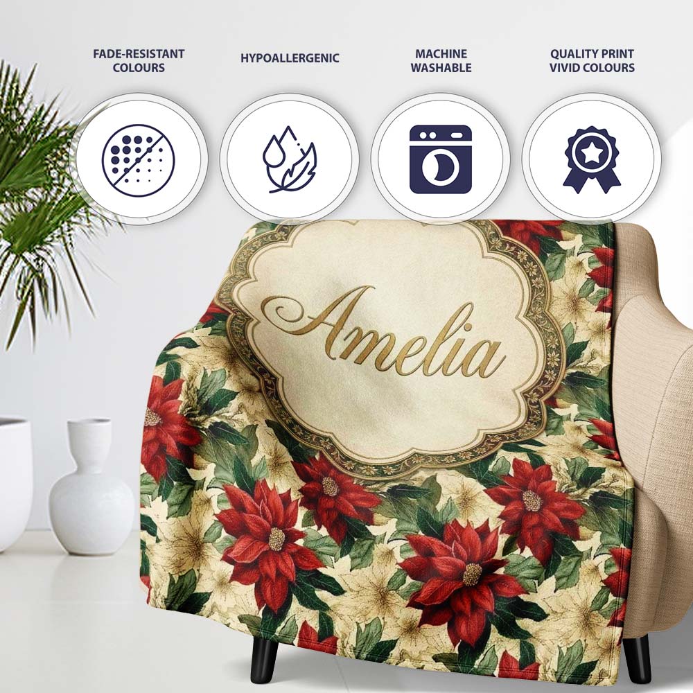 Cream Floral Poinsettia Botanical Vintage Seamless Pattern Lovely  Personalised Custom Name Super Soft Fleece Blanket Bed Sofa Throw