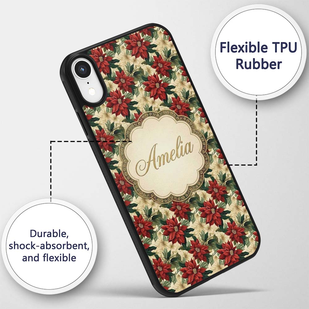 Cream Floral Poinsettia Botanical Printed Design Custom Name Protective Phone Case Mobile Cover Durable Everyday Smartphone Shock Resistant