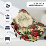 Cream Floral Poinsettia Botanical Vintage Seamless Pattern Lovely  Personalised Custom Name Super Soft Fleece Blanket Bed Sofa Throw