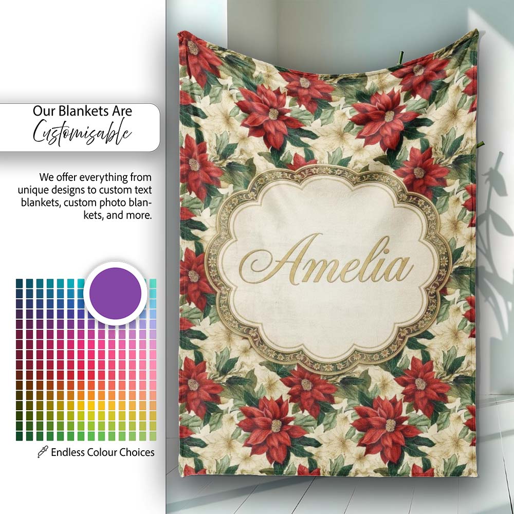 Cream Floral Poinsettia Botanical Vintage Seamless Pattern Lovely  Personalised Custom Name Super Soft Fleece Blanket Bed Sofa Throw