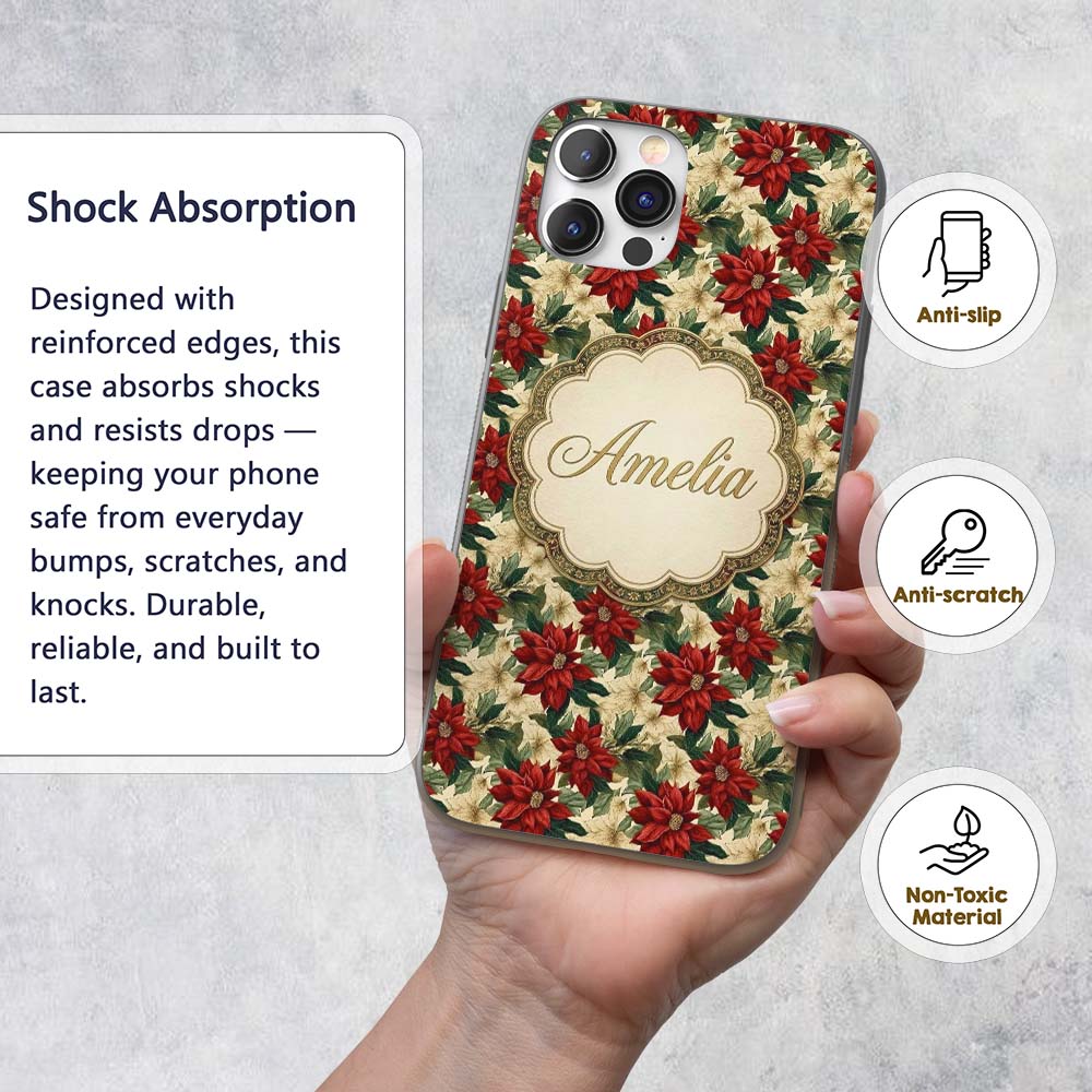 Cream Floral Poinsettia Botanical Printed Design Custom Name Protective Phone Case Mobile Cover Durable Everyday Smartphone Shock Resistant