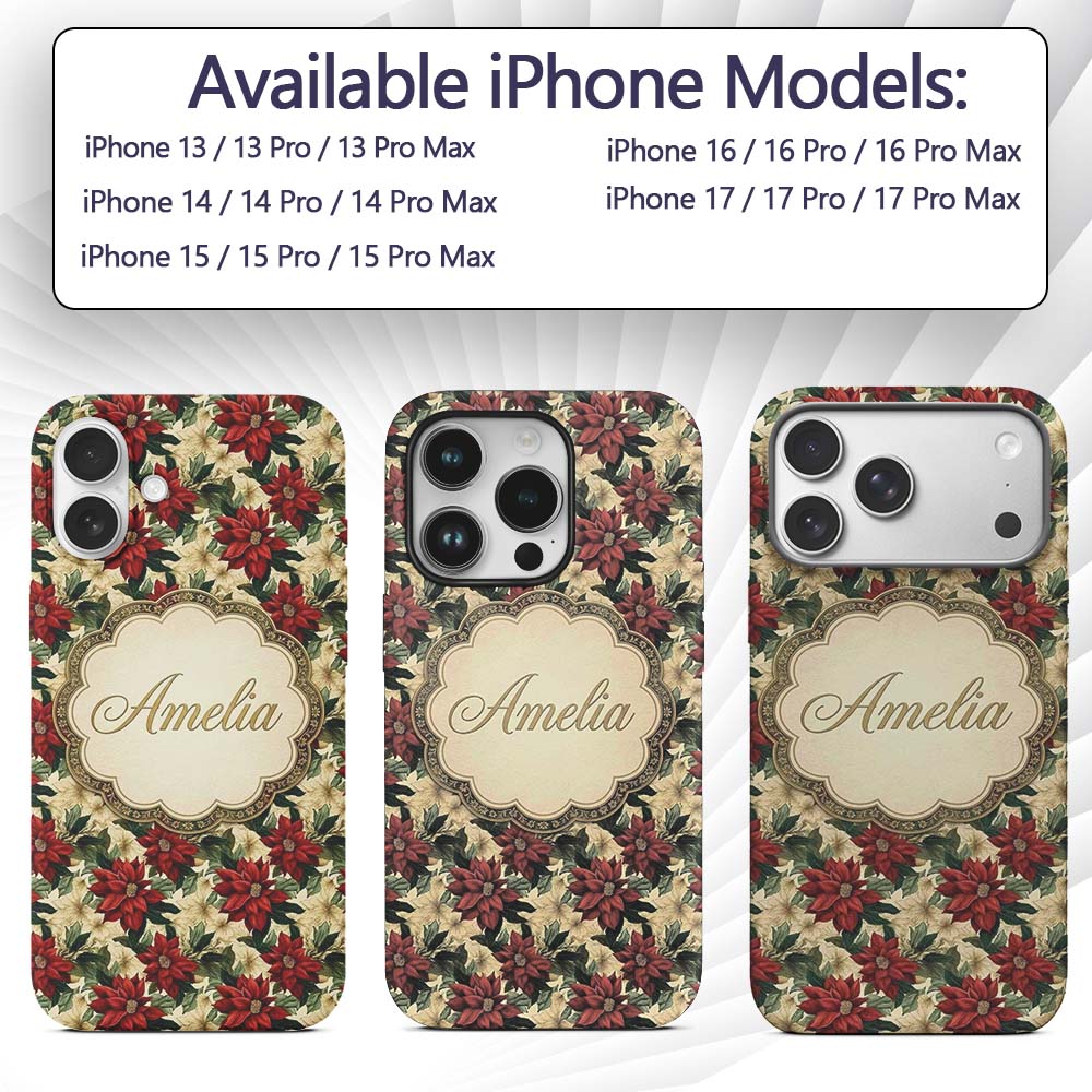 Cream Floral Poinsettia Botanical Printed Design Custom Name Protective Phone Case Mobile Cover Durable Everyday Smartphone Shock Resistant