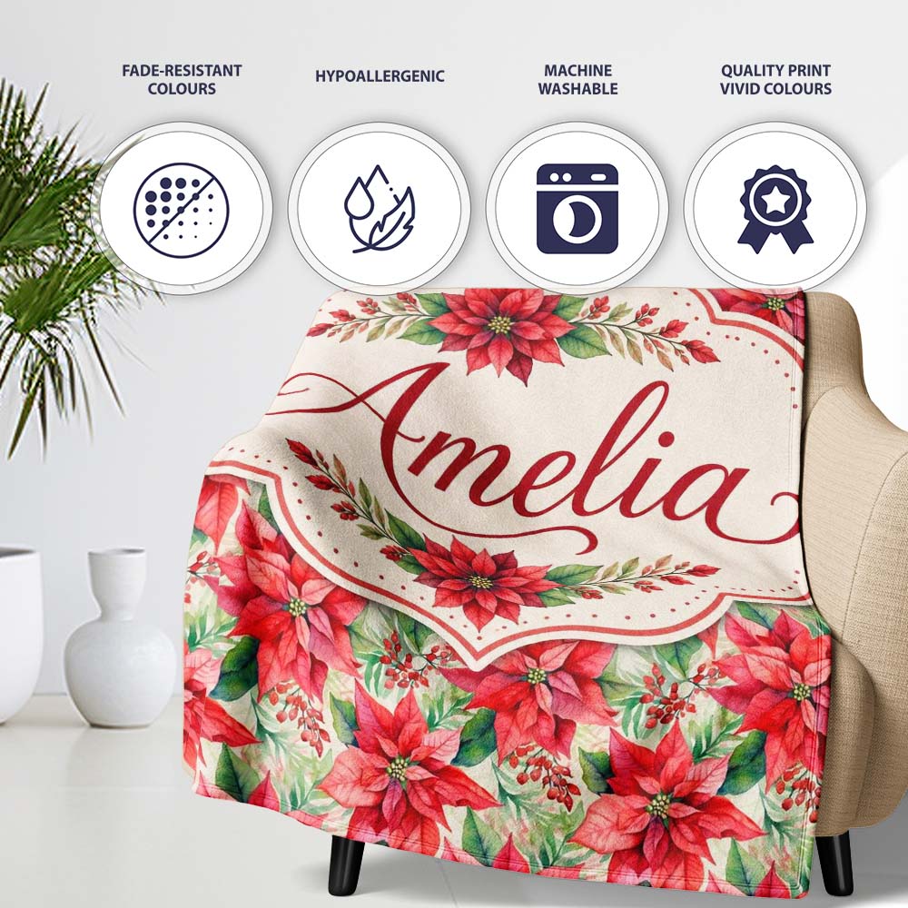 Soft Watercolour Poinsettia Christmas Floral Seamless Pattern Lovely  Personalised Custom Name Super Soft Fleece Blanket Bed Sofa Throw