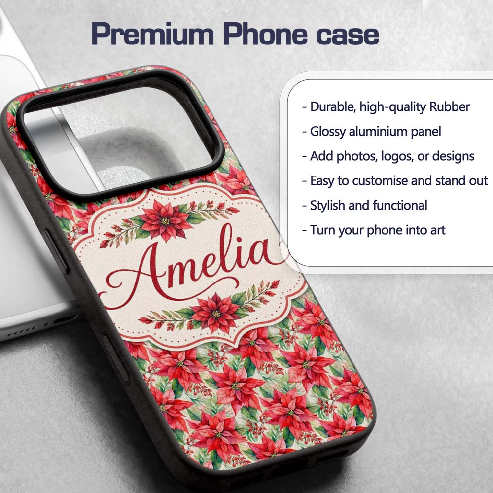 Soft Watercolour Poinsettia Christmas Floral Custom Name Protective Phone Case Mobile Cover Durable Everyday Smartphone Shock Resistant