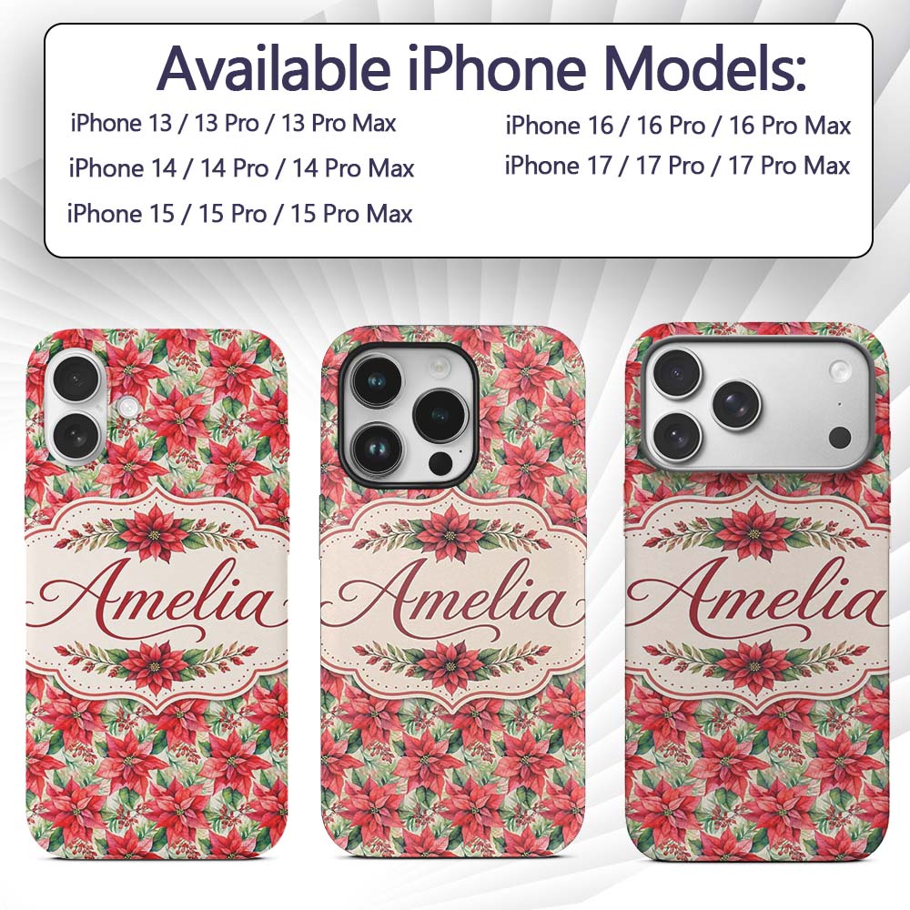 Soft Watercolour Poinsettia Christmas Floral Custom Name Protective Phone Case Mobile Cover Durable Everyday Smartphone Shock Resistant