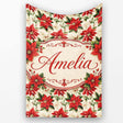 Vintage Poinsettia Floral Cream Background Christmas Botanical Print  Personalised Custom Name Super Soft Fleece Blanket Bed Sofa Throw