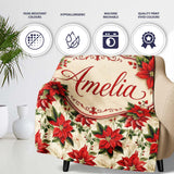 Vintage Poinsettia Floral Cream Background Christmas Botanical Print  Personalised Custom Name Super Soft Fleece Blanket Bed Sofa Throw