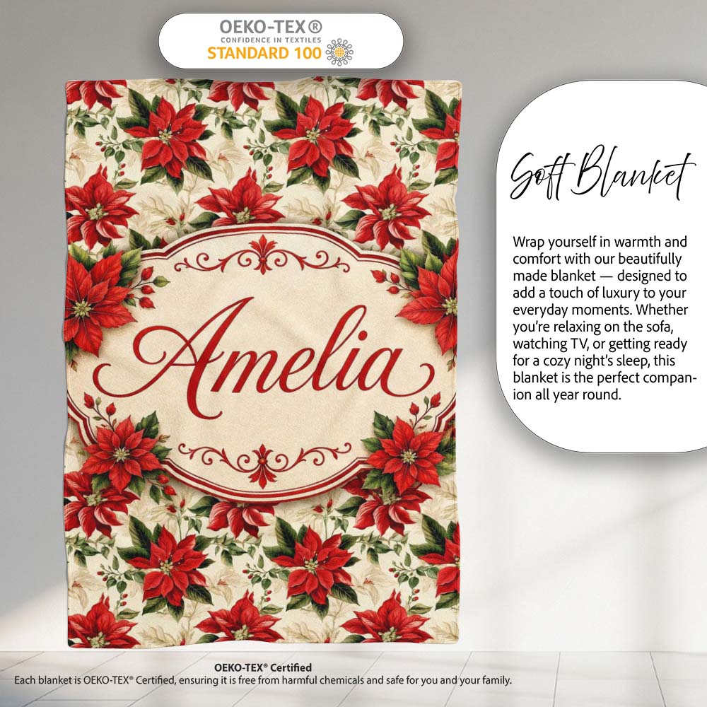 Vintage Poinsettia Floral Cream Background Christmas Botanical Print  Personalised Custom Name Super Soft Fleece Blanket Bed Sofa Throw