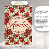 Vintage Poinsettia Floral Cream Background Christmas Botanical Print  Personalised Custom Name Super Soft Fleece Blanket Bed Sofa Throw