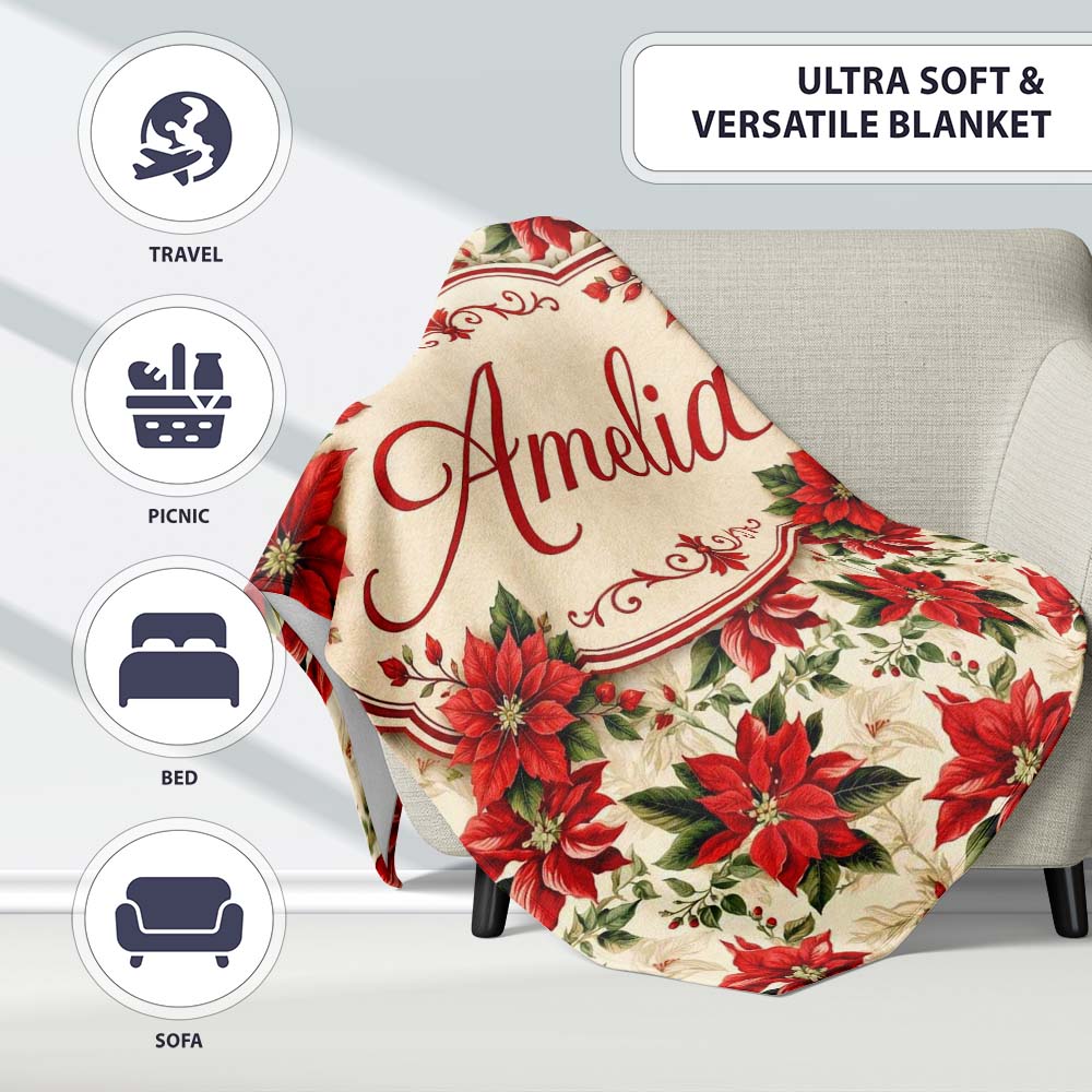 Vintage Poinsettia Floral Cream Background Christmas Botanical Print  Personalised Custom Name Super Soft Fleece Blanket Bed Sofa Throw