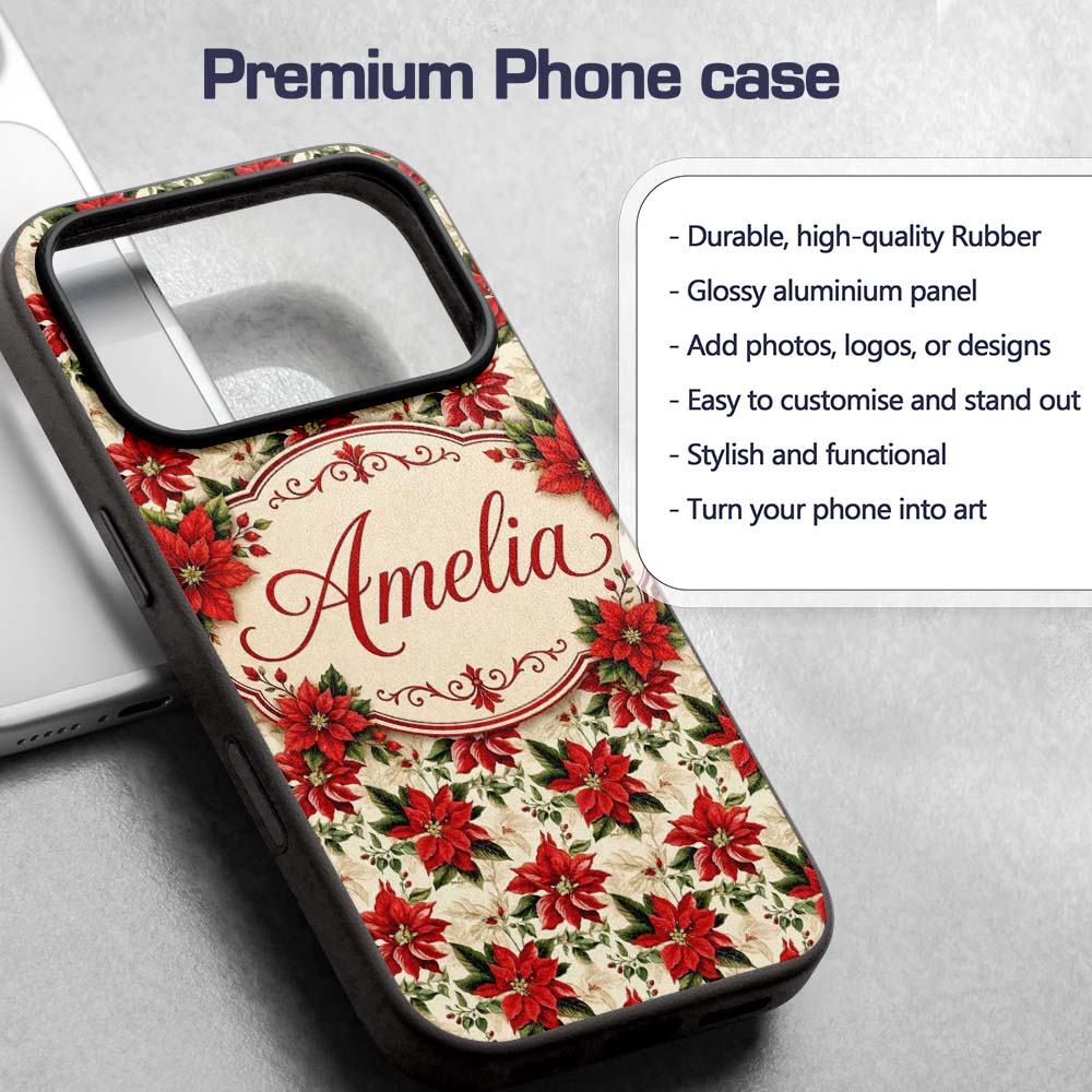 Vintage Poinsettia Floral Cream Printed Design Custom Name Protective Phone Case Mobile Cover Durable Everyday Smartphone Shock Resistant