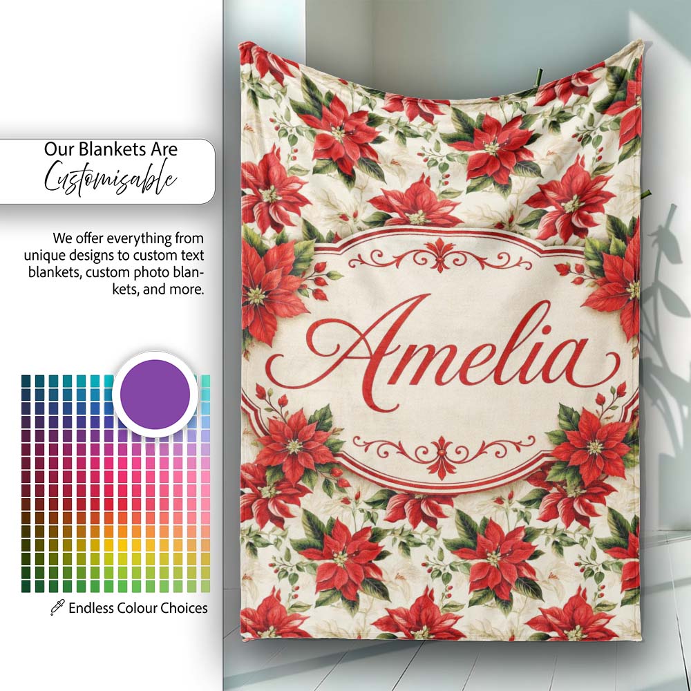 Vintage Poinsettia Floral Cream Background Christmas Botanical Print  Personalised Custom Name Super Soft Fleece Blanket Bed Sofa Throw