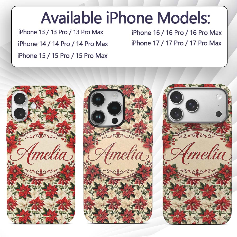 Vintage Poinsettia Floral Cream Printed Design Custom Name Protective Phone Case Mobile Cover Durable Everyday Smartphone Shock Resistant