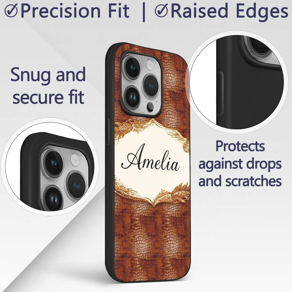 Brown Crocodile Leather Texture Pattern Charming Custom Name Protective Phone Case Mobile Cover Durable Everyday Smartphone Shock Resistant