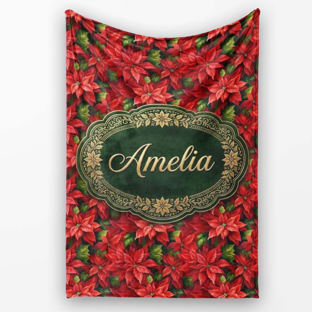 Rich Red Poinsettia Dense Floral Festive Christmas Botanical Design  Personalised Custom Name Super Soft Fleece Blanket Bed Sofa Throw