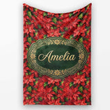 Rich Red Poinsettia Dense Floral Festive Christmas Botanical Design  Personalised Custom Name Super Soft Fleece Blanket Bed Sofa Throw