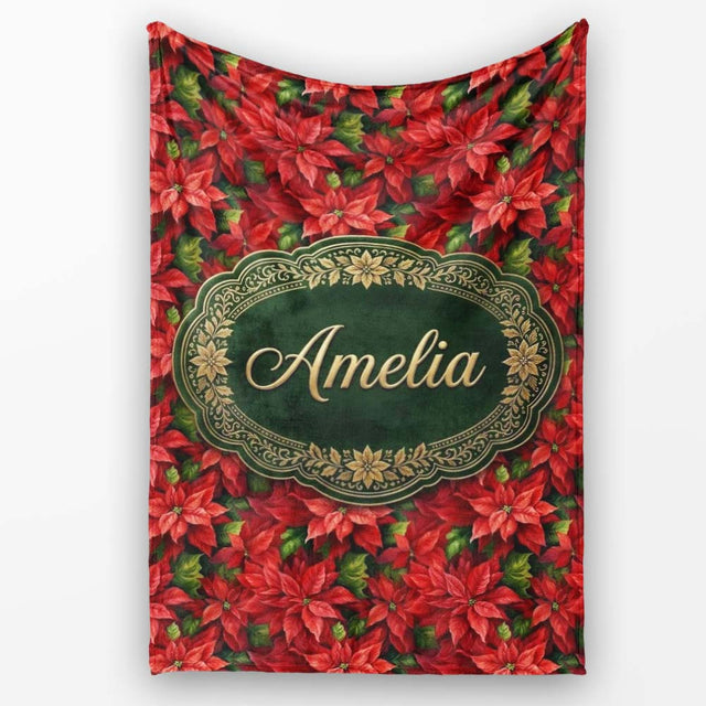 Rich Red Poinsettia Dense Floral Festive Christmas Botanical Design  Personalised Custom Name Super Soft Fleece Blanket Bed Sofa Throw